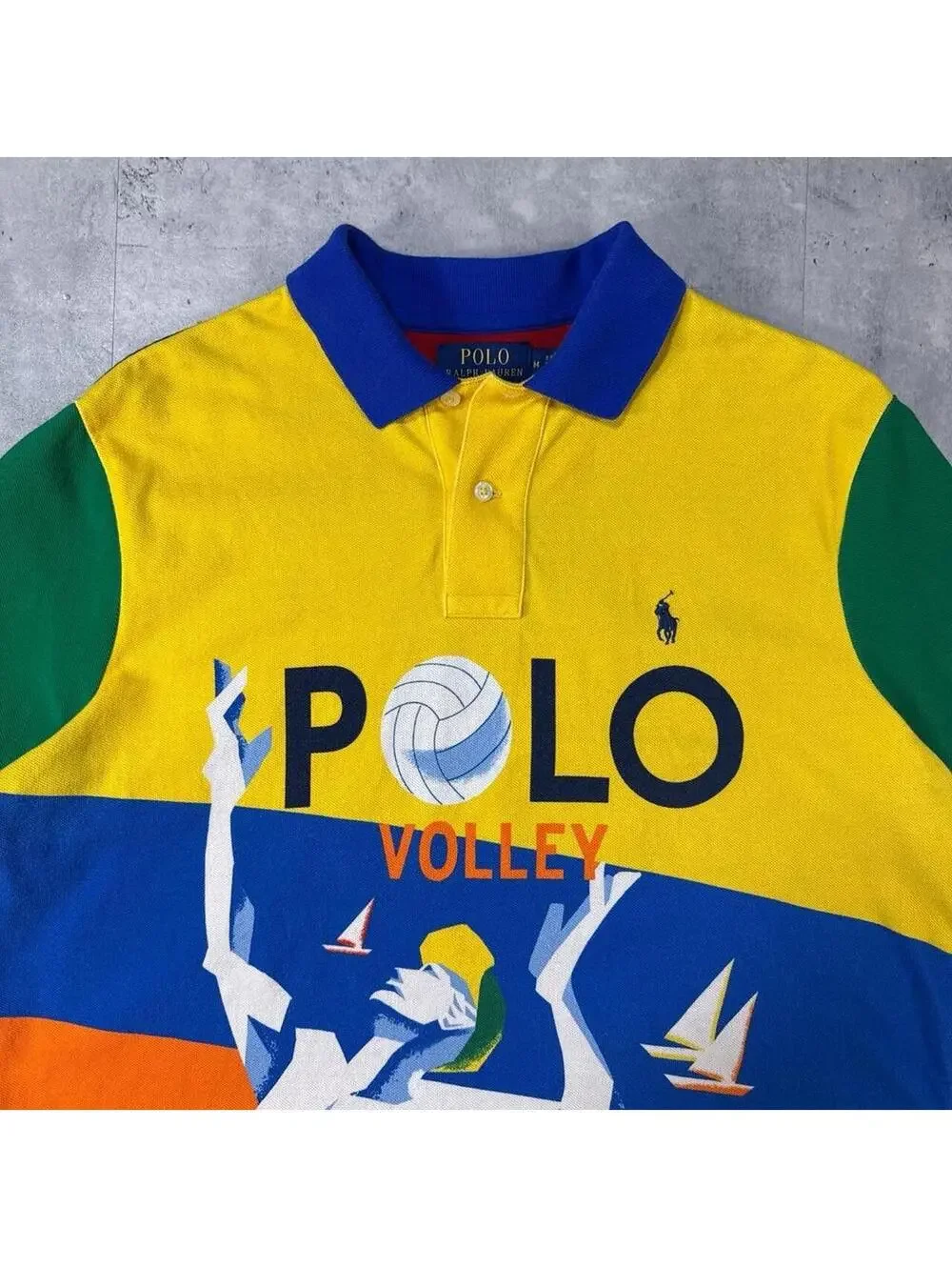 Y2K Polo Ralph Lauren Volleyball AOP Color Block Beach Polo Shirt